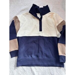 DSG Womens Classic Cotton Snap Neck Colorblock Pullover Navy Cream Size Large
